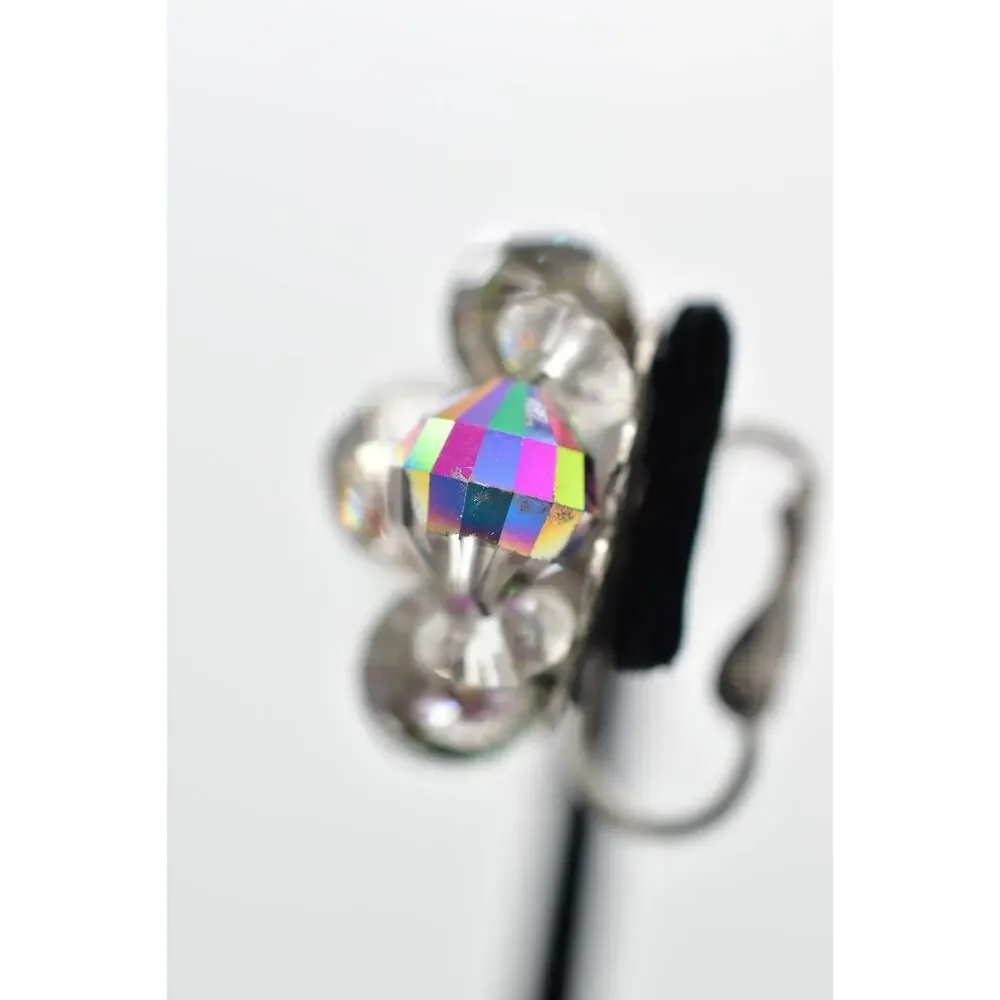Vintage Clip On Crystal Earrings Watermelon Aurora Borealis Chrome 1950s BinBK